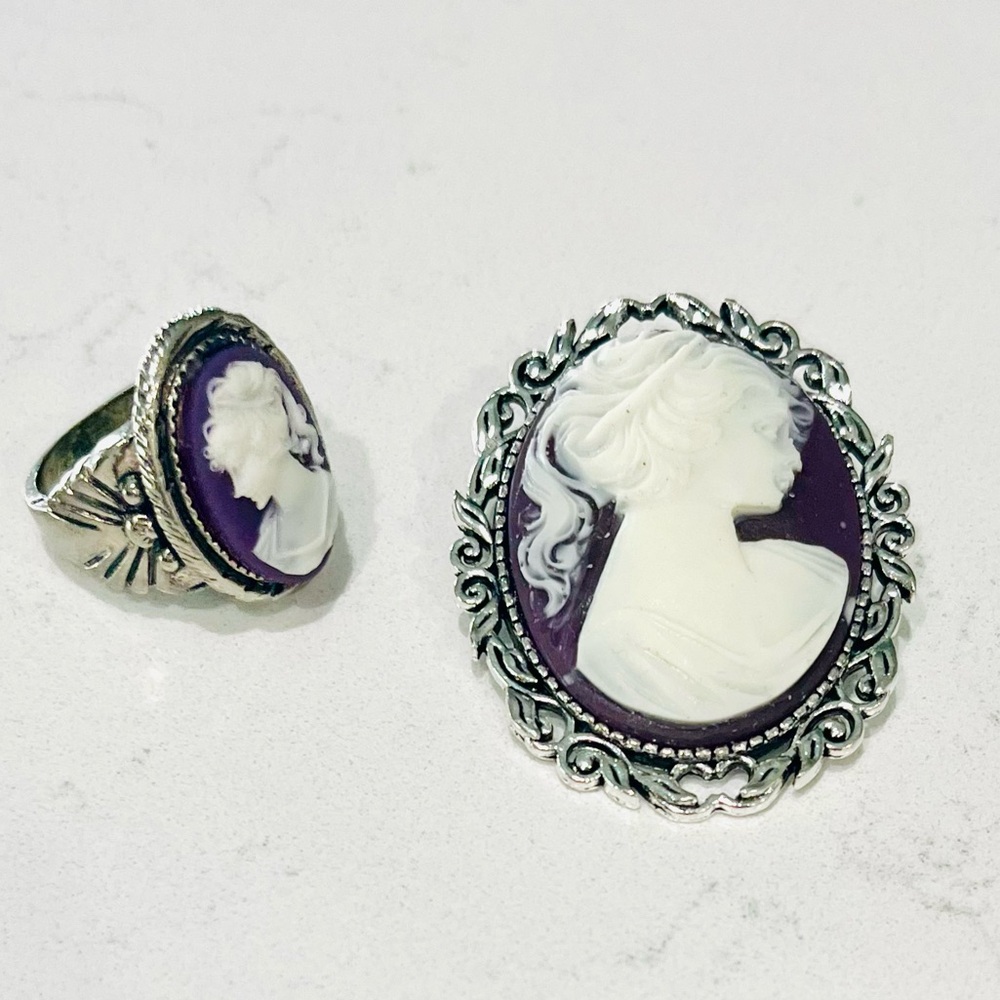 Artisan Crafted Eggplant Cameo Ring & Brooch Set – OOAK Statement Duo